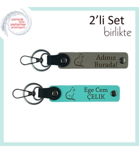 Patilerle Dolu Yaşamlara, Kedili Hediye, Kişisel Yazılı 2’li Deri Anahtarlık, Kül Gri-Turkuaz