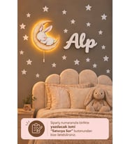Ahşap Aylı Tavşan Lamba & Işıksız İsimlik Seti – İsimli Bebek ve Çocuk Odası Dekoru