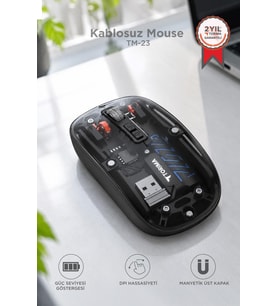 Torima Şeffaf Çift Modlu Fare Bluetooth 5.2 + 2.4G Kablosuz Mouse TM23 Siyah