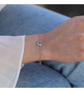 Aquamarin Taşlı Rose Gold Kaplama Sevgili Kalp Gümüş Bileklik