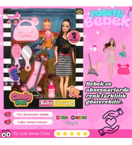 Anlily Bebek Arabalı Seti - Oyuncak Pusetli Bebek - Barbie Pusetli Seti - Aksesuarlı Pusetlı Bebek O