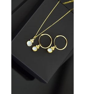 Papatya Silver 925 Ayar Gümüş Gold Kaplama Beyaz Opal Yuvarlak Kolye Ve Çift Halka Küpe