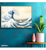 Altın Renk Metal Çerçeveli Tamperli Cam Tablo Hokusai Büyük Dalga Kanagawa Fuji Dağı Ukiyo-e Ressam Tablosu Duvar Dekoru
