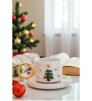 Özce Ceramic Yılbaşı Temalı 5 Yıldızlı Çam Ağaç Handmade 100 ml Türk Kahvesi Fincan ve Tabak (Doğal Beyaz)