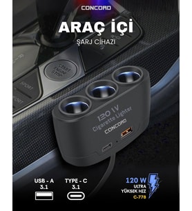 CONCORD C-778 120W  Çakmaklık Çoğaltıcı + Type-C + USB  Çıkışlı