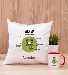 Kişiye Özel Akrep Burcuna Hediye Kare Yastık ve Kırmızı Kupa