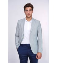 Açık Mavi Çizgili Keten Dokulu Gold Renk Metal Düğmeli Slim Fit Erkek Blazer Ceket – Wessi (Lacivert)