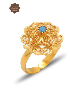 Firuze Taşlı Gül Model Gold Kaplama 925 Ayar Gümüş Telkari Kadın Yüzük 201025483