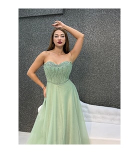 MINT BONCUK ISLEMELI STRAPLEZ PRENSES ABIYE
