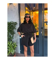 Kadın Cepli Oversize Gömlek ve Beli Bağcıklı Şort İkili Takım
