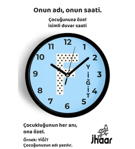 İsme Özel F Harfi Çocuk Odası Duvar Saati Orta Boy 30 cm Siyah Camlı Sessiz