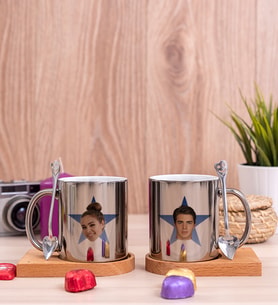 Kişiye Özel Mavi Yıldız Kafa Fotoğraflı İkili Ahşap Altlıklı Silver Kupa