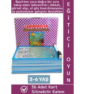 Eğitici Çocuk Dikkat Görsel Algı Koordinasyon Psikomotor Silinebilir Kalem Oyun LABİRENTLER 36 Kart
