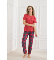 Kadın Ekose Desenli Bisiklet Yaka Pijama Takım  Kırmızı 30102-598