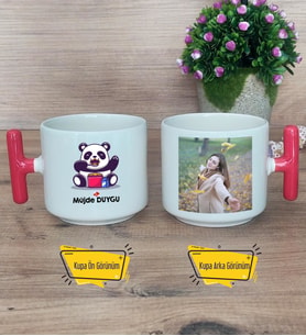 Sevimli Panda Kupa Bardak Fotoğraflı T Kırmızı Kulplu Arkadaşa Sevgiliye Hediye