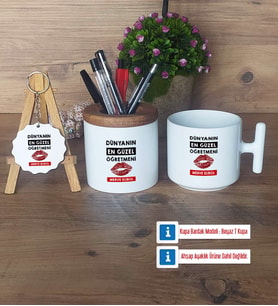 Kadın Öğretmene Hediye Hediye Sepeti Kalemlik, Kupa Bardak Sihirli, Ahşap Anahtarlık Hediye (Model 3)