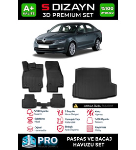S-Dizayn Skoda Octavia 3D Pro Havuzlu Paspas ve Bagaj Havuzu Seti (2'li SET) 2013-2017 A+ Kalite