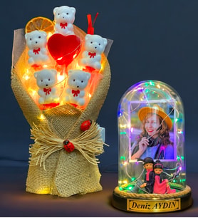 Kişiye Özel Renkli Led Işıklı Fanus ve Led Işıklı Ayıcık Buketi Hediye Seti (Model 7)