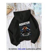 Unisex Rooster Baskılı Oversize Baskılı Kapşonlu Sweatshirt 3 Iplik (Siyah)