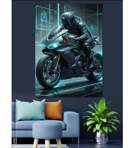 Gece Şehrinde Modern Motosiklet Sürücüsü Dekoratif Kanvas - Mdf Ahşap Tablo