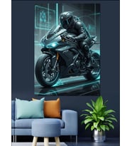 Gece Şehrinde Modern Motosiklet Sürücüsü Dekoratif Kanvas - Mdf Ahşap Tablo