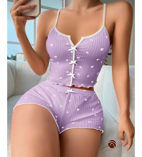 Lily Lila Kalp Desenli Kurdele Detaylı %100 Pamuk İnce Askılı Büstiyer Şort Takım