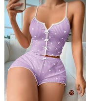 Lily Lila Kalp Desenli Kurdele Detaylı %100 Pamuk İnce Askılı Büstiyer Şort Takım