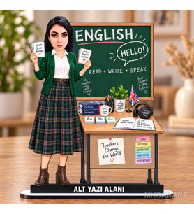 Kişiye Özel Kadın İngilizce Öğretmeni Karikatürlü 18 cm MDF Masaüstü Biblo - Öğretmen Hediyesi Öğretmene Özel Hediye
