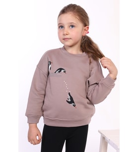 Toontoy Kız Çocuk Penguen Baskılı Sweatshirt (Kahverengi)