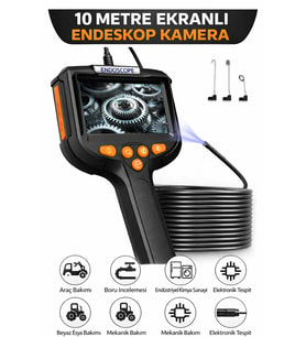 10 Metre Ekranlı Endoskop Kamera – 5.5mm İnce Kablo, IP67 Su Geçirmez, LED Işıklı