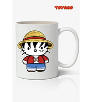 Hasır Şapkalı Luffy Hello Kitty One Piece Temalı Anime Beyaz Kupa Bardak Sevgiliye Arkadaşa Hediye