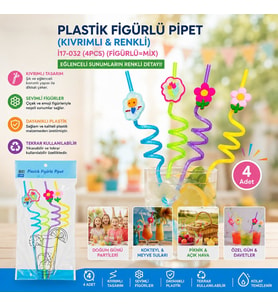 Kıvrımlı Renkli Plastik Pipet - Figürlü Tasarım - 4'lü Paket