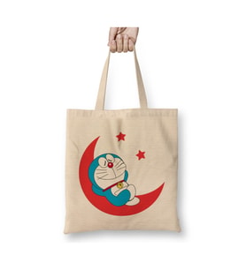 Doraemon Moon Beyaz Bez Çanta Uzun Saplı Alışveriş Çantası Plaj Çantası