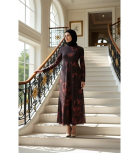 Kadın Dik Yaka Standart Kol Bodycon Kalıp Batik Desenli Maxi Elbise Fonksiyonel Dayanıklı Şık