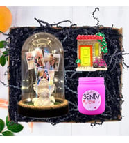 Kişiye Özel 3 Fotoğraflı Beyaz Melekli Fanus (Işıklı), Kokulu Pembe Mum ve Magnet 