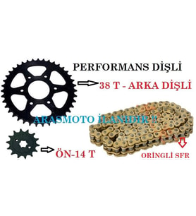 BAJAJ PULSAR NS 200-RS 200 PERFORMANS ZİNCİR DİŞLİ TAKIMI ORİNGLİ SFR ZİNCİR (38 T-14 T)ARASMOTO (Siyah)