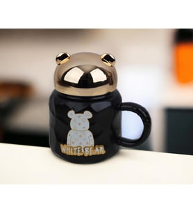 Bear Ayıcık Tasarımlı Sıcak Tutan Kapaklı Kupa Bardak Fincan Mug Mini Motivasyon Termos 400 ml. (Siyah)