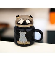 Bear Ayıcık Tasarımlı Sıcak Tutan Kapaklı Kupa Bardak Fincan Mug Mini Motivasyon Termos 400 ml. (Siyah)