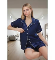 %100 Polyester Saten Dokuma Rahat Pijama Takımı Kısa Kol Boru Paça Trend Tasarım