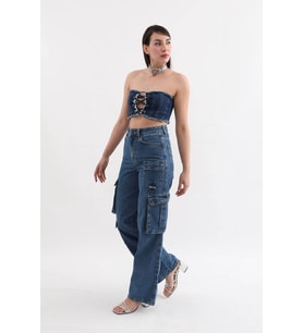 Kadın Baggy Kalıp Kargo Cepli Jean Pantolon Mavi