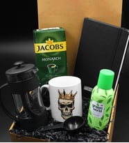 Özel Tasarım Kral Tacı Kuru Kafa Kupa & French Press & 250 Gram Jacobs Filtre Kahve & Kişiye Özel Siyah Defter & Green World Kolonya