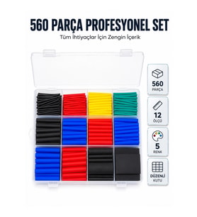 Mey İthalat® 560 Parça Kablo İzolasyon Makaron Seti 12 Ölçü 5 Renk Heat Shrink Tube Organizer Kutulu
