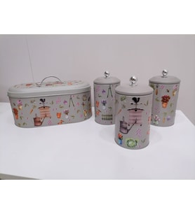 Desenli Metal Ekmeklik Ve 3 Lü Kavanoz Set (Gri)