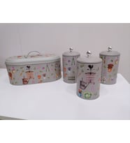 Desenli Metal Ekmeklik Ve 3 Lü Kavanoz Set (Gri)