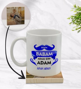 BK Gift Kişiye Özel Benim Babam Adam Gibi Adam Tasarımlı Beyaz Kupa Bardak ve Ahşap Bardak Altlığı Hediye Seti - Model 1