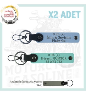 Motosiklet Severlere, İsim Plaka ve 0 + Kan Grubu Yazılı Özel Tasarım x2 Anahtarlık, Mavi-Turkuaz-Gr (Çok Renkli)