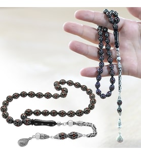 925 Ayar Gümüş Kral Zincir Püsküllü Gümüş Mercan İşlemeli Arpa Kesim Erzurum Oltu Taşı Tesbih