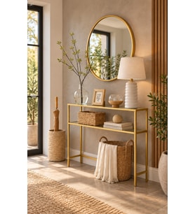 Gold Çerçeveli Şeffaf Cam Raflı Dresuar Modern Salon ve Antre Konsolu 100*90*20 cm