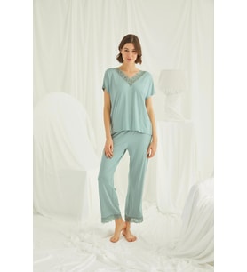 Monamise Kadın Kısa Kollu V Yakalı Dantelli Pijama Takımı 18465 