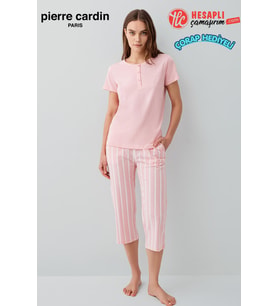 Pierre Cardin Kadın Büyük Beden Modal Pamuklu Rahat Kalıp Çizgili Kapri Kısa Kol Pijama Takım